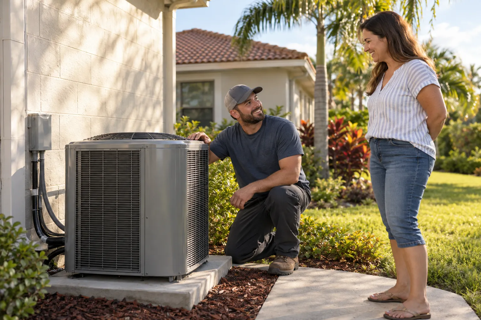 Friendly HVAC provider checking a new outdoor air conditioner beside a home near Treasure Island