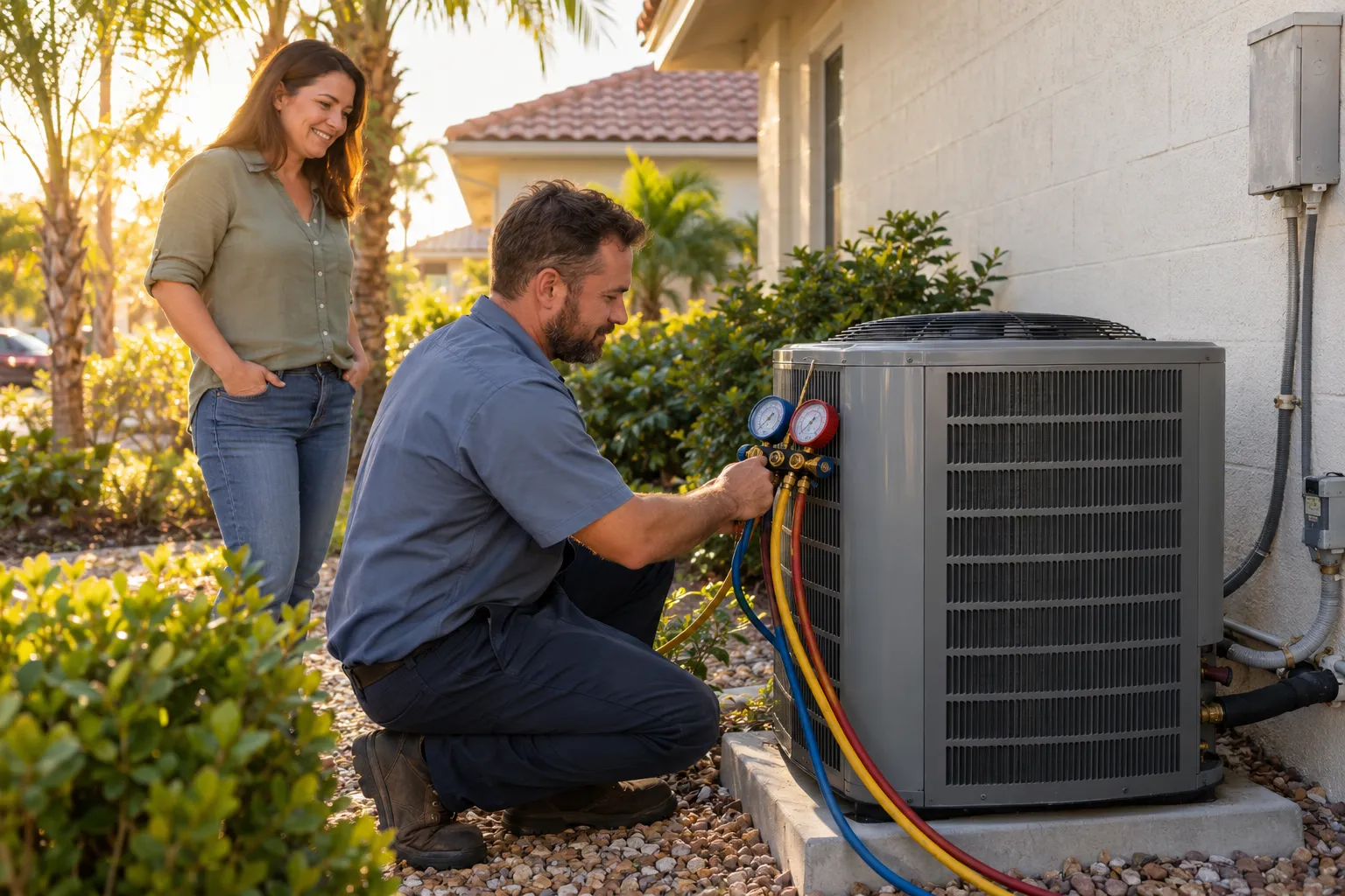 Independent HVAC provider checking an outdoor AC unit at a home near Treasure Island in the Treasure Island area