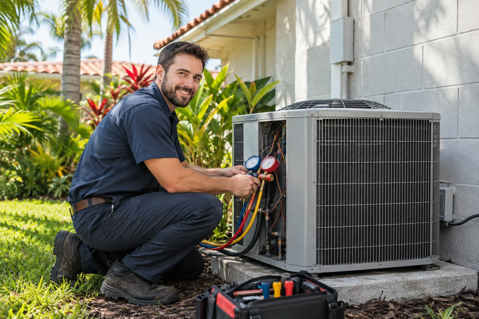 HVAC provider inspecting an outdoor AC unit at a home in the Treasure Island area