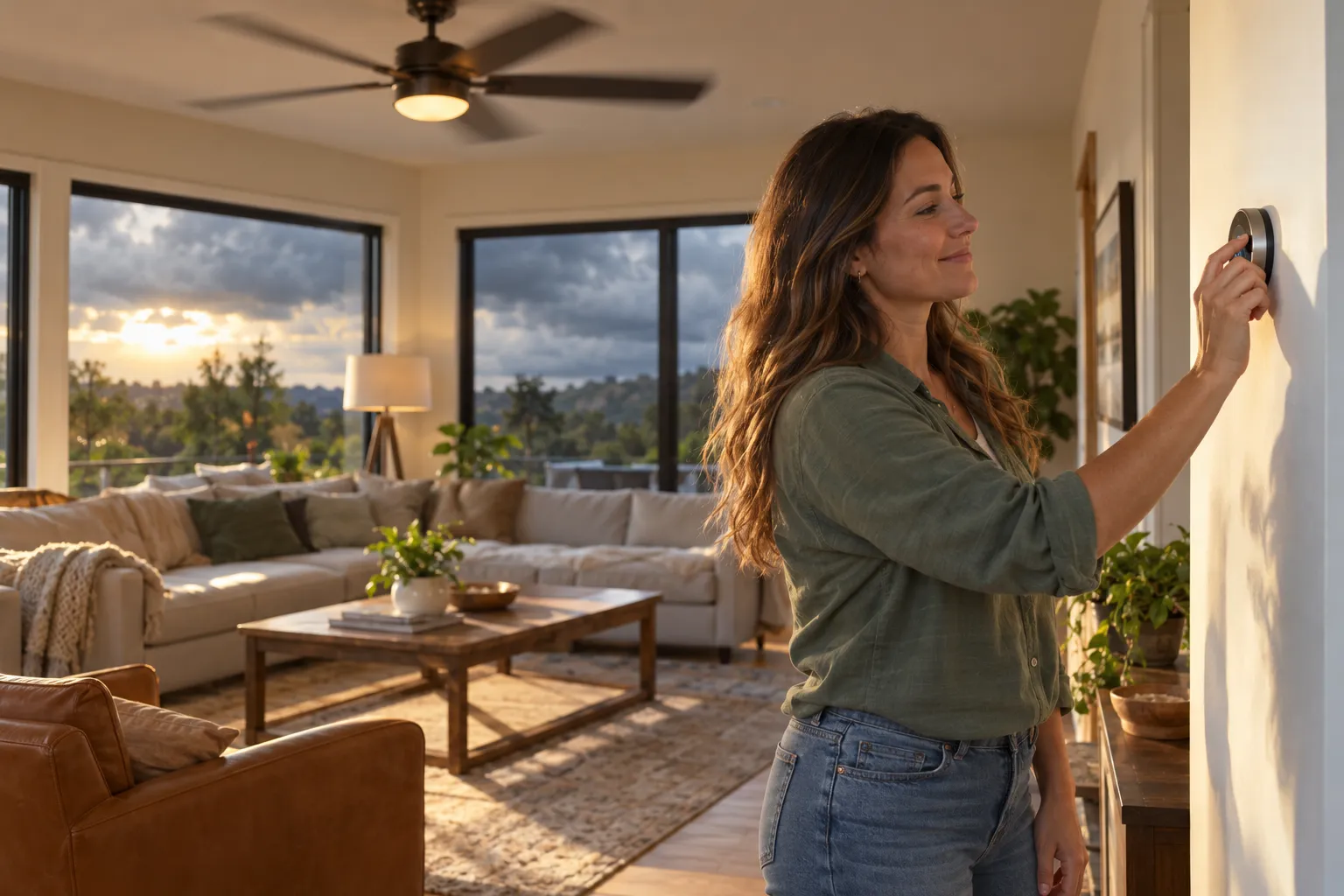 Homeowner checking a thermostat in a bright living room near Treasure Island